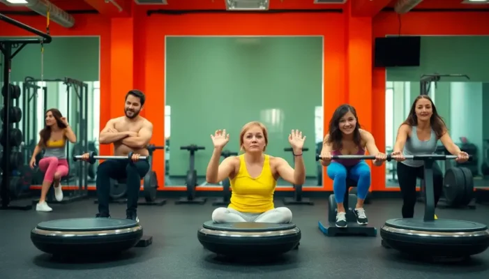 A gym with bizarre workout equipment and amused participants.