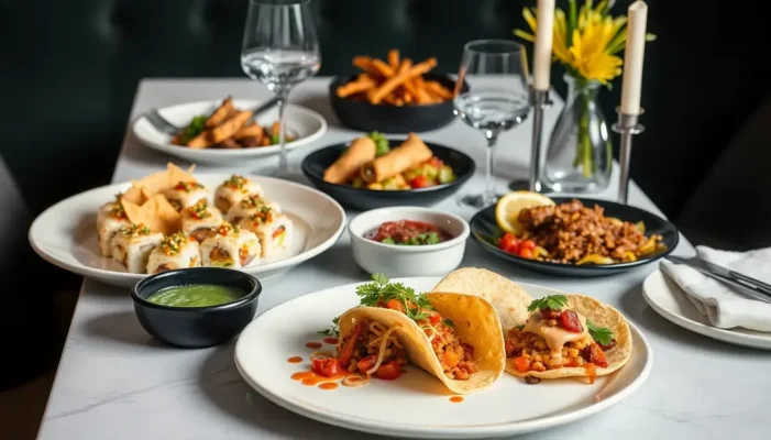 A table with an array of fusion dishes and modern tableware.