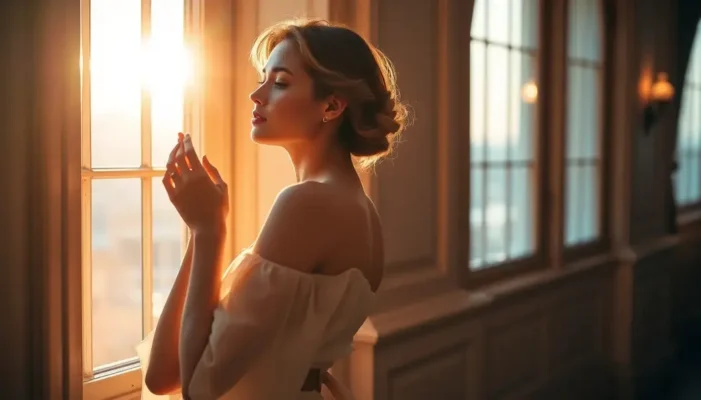 A gracefully posed woman by a luxurious window reflecting inner peace and self-appreciation.