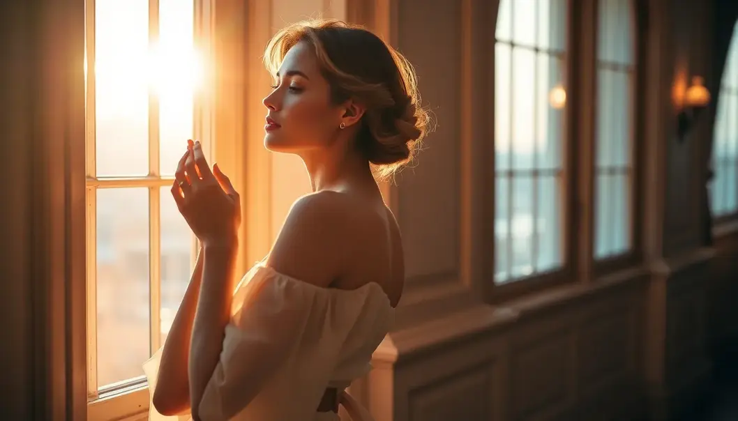 A gracefully posed woman by a luxurious window reflecting inner peace and self-appreciation.