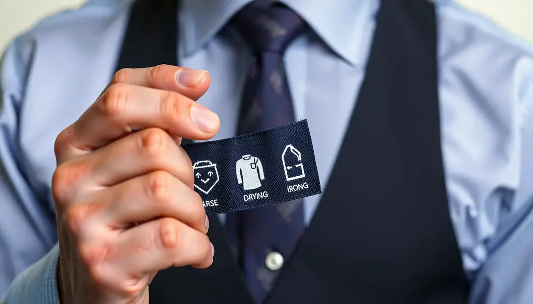 A close-up of fabric care symbols on a clothing label.
