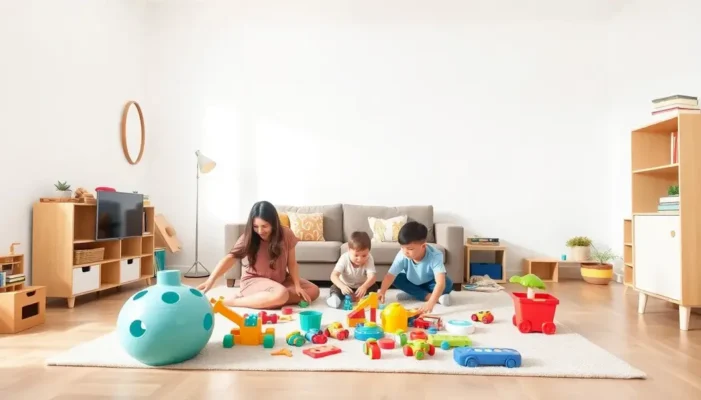 Family playing in a minimalist living room with well-organized, space-saving toys.