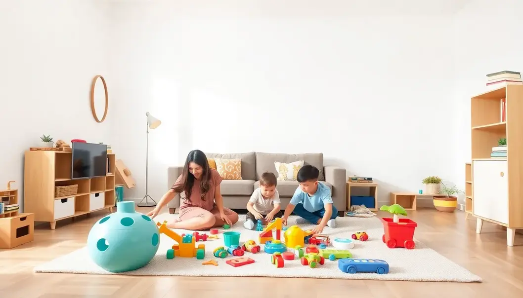 Family playing in a minimalist living room with well-organized, space-saving toys.