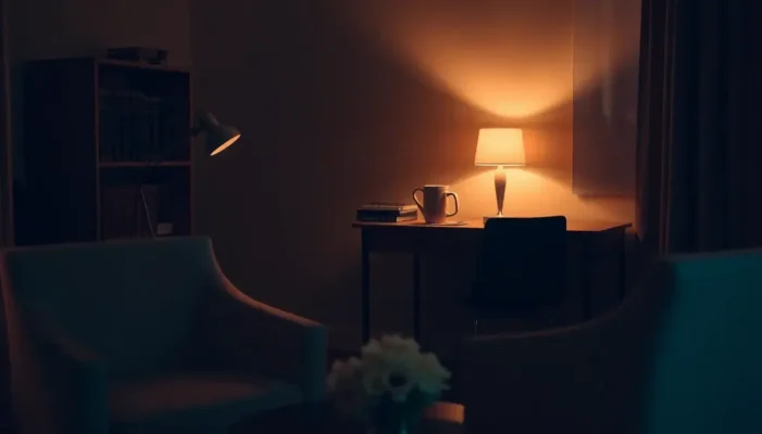 A home office setting with a warm-lit desk lamp and a romantic atmosphere.