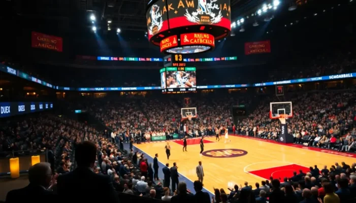 An NBA arena scene capturing luxurious courtside experience.