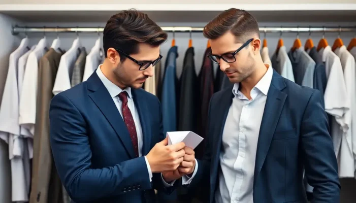 Stylish man looking at clothing care label near a wardrobe with suits and shirts.
