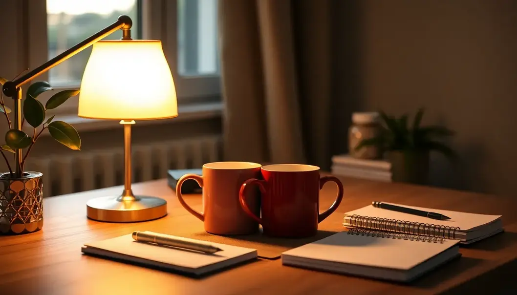 A desk lamp with a dreamy glow enhances a romantic home office setup.