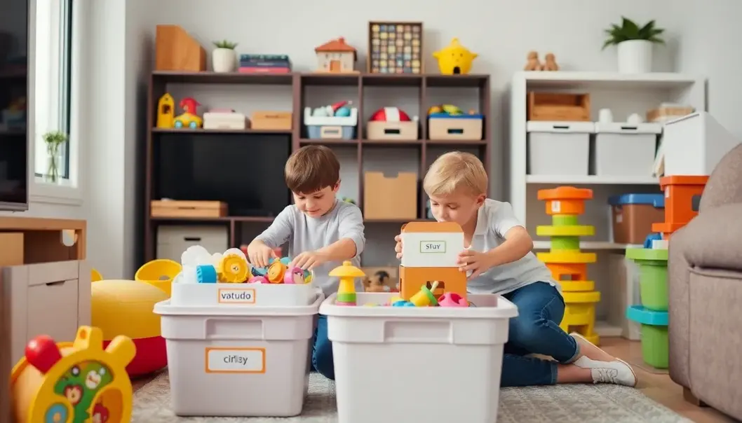 A playroom with creative, space-saving toy storage solutions.