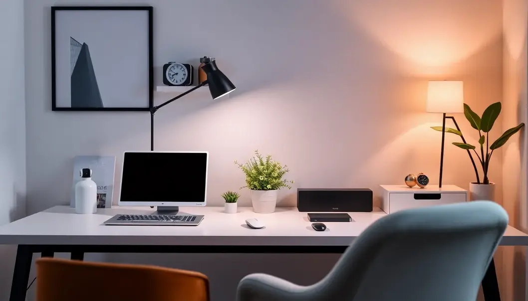 A desk lamp with a dreamy glow enhances a romantic home office setup.