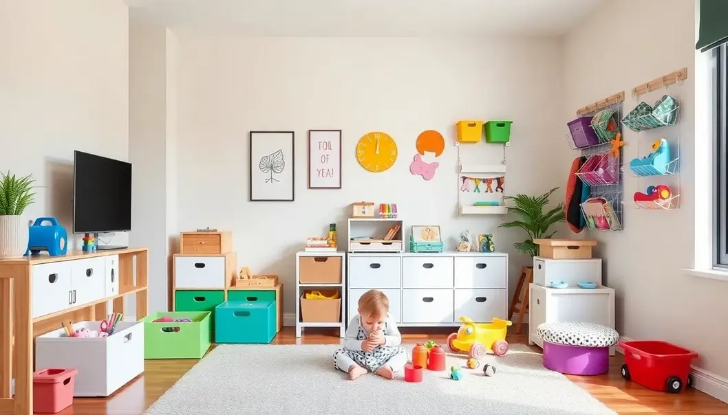 A playroom with creative, space-saving toy storage solutions.