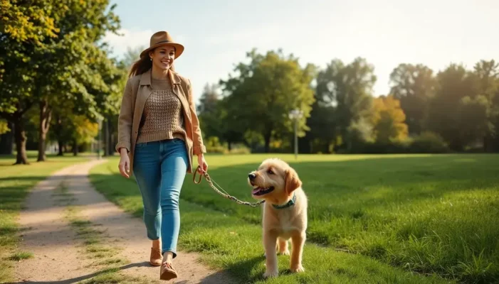 A person in sustainable clothing walking their dog in a park.