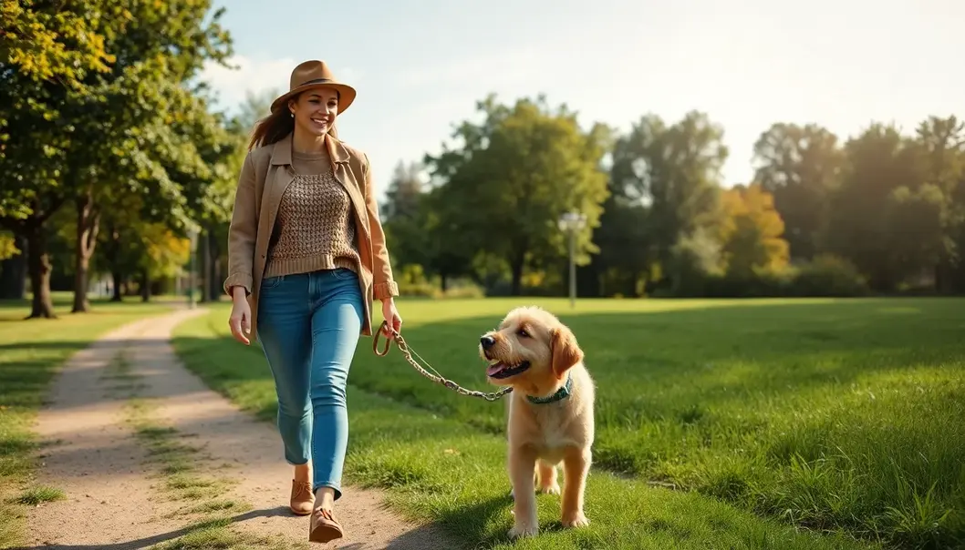 A person in sustainable clothing walking their dog in a park.